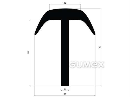 Pryžový profil tvaru "T", 80x63/8mm, délka 3150mm, 70°ShA, EPDM, -40°C/+100°C, černý